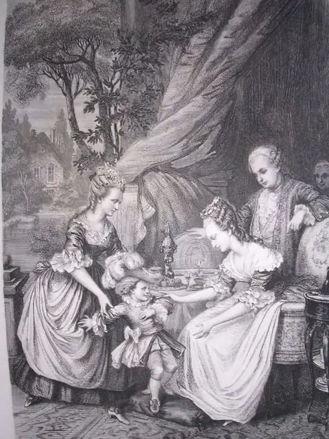 Engraving of Marie-Antoinette interacting with an adopted child at Versailles, accompanied by court attendants and King Louis XVI, illustrating the queen’s compassion for orphans.