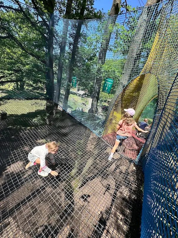 Smiling and full of energy, kids enjoy bouncing and playing on a giant net course suspended in the trees at Zoo de Thoiry. Surrounded by families, it’s the perfect mix of adventure and outdoor fun for a family weekend activity near Versailles.