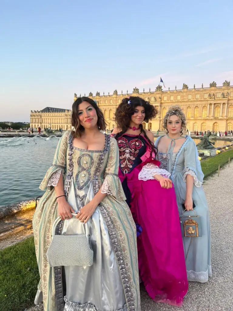 Tara Lengyel in costume, Versailles in background